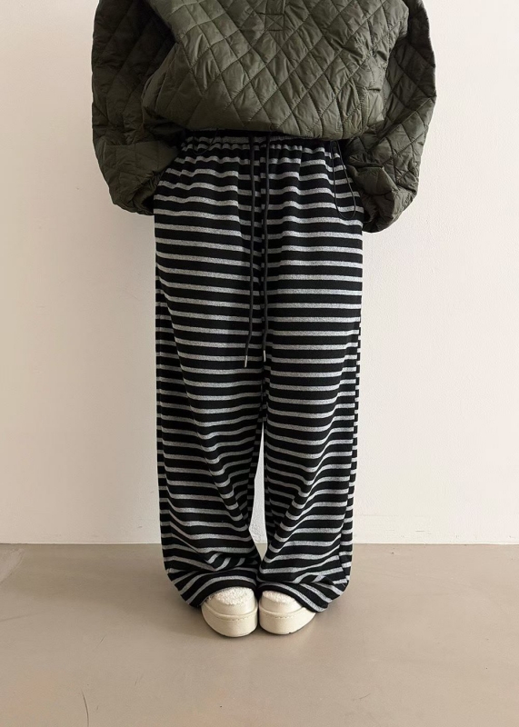 韓 細條文綁帶寬褲 2色