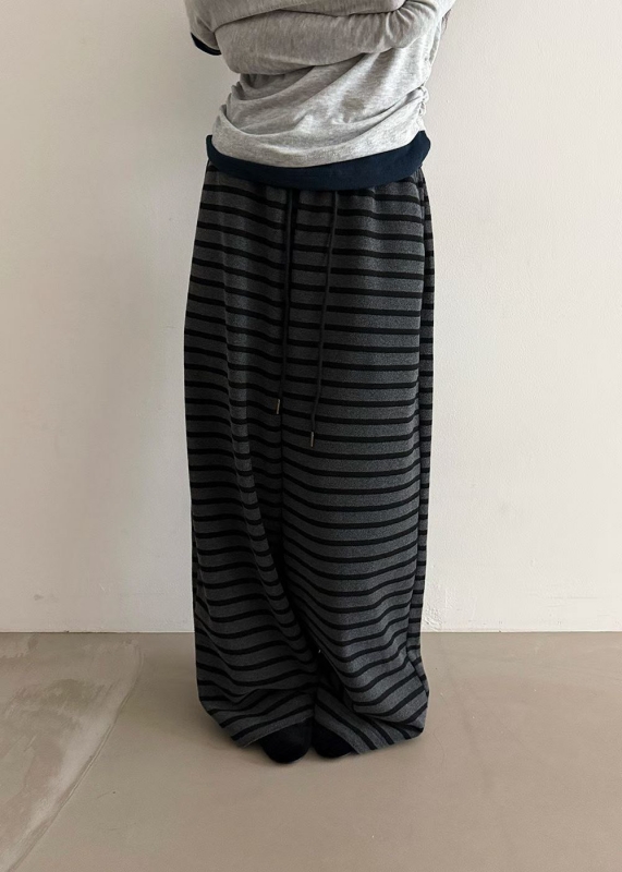 韓 細條文綁帶寬褲 2色