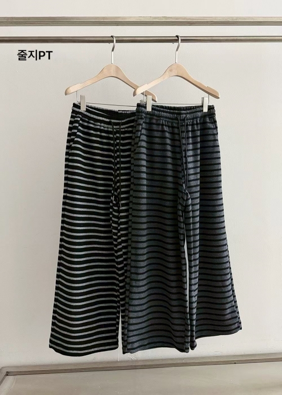 韓 細條文綁帶寬褲 2色