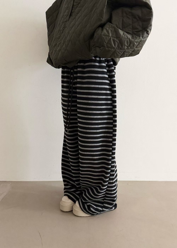 韓 細條文綁帶寬褲 2色