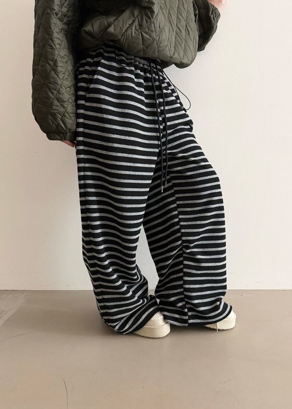 韓 細條文綁帶寬褲 2色