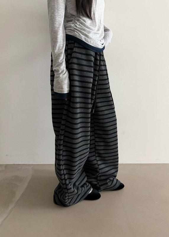 韓 細條文綁帶寬褲 2色