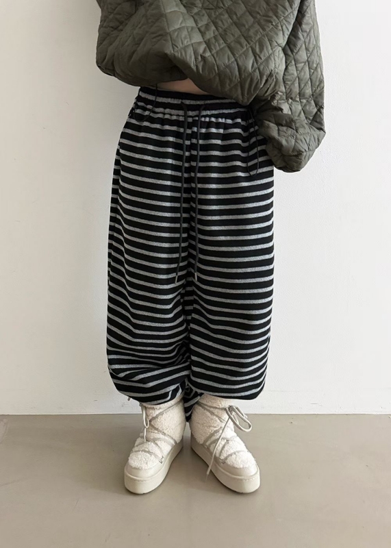 韓 細條文綁帶寬褲 2色