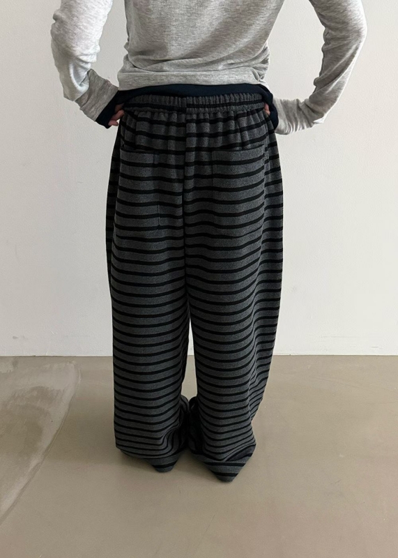 韓 細條文綁帶寬褲 2色