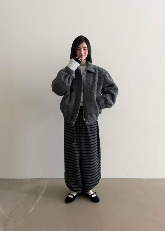 韓 細條文綁帶寬褲 2色