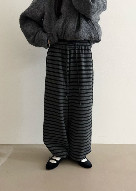 韓 細條文綁帶寬褲 2色