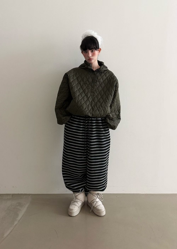 韓 細條文綁帶寬褲 2色