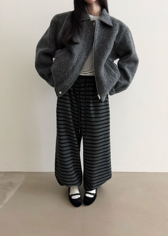 韓 細條文綁帶寬褲 2色