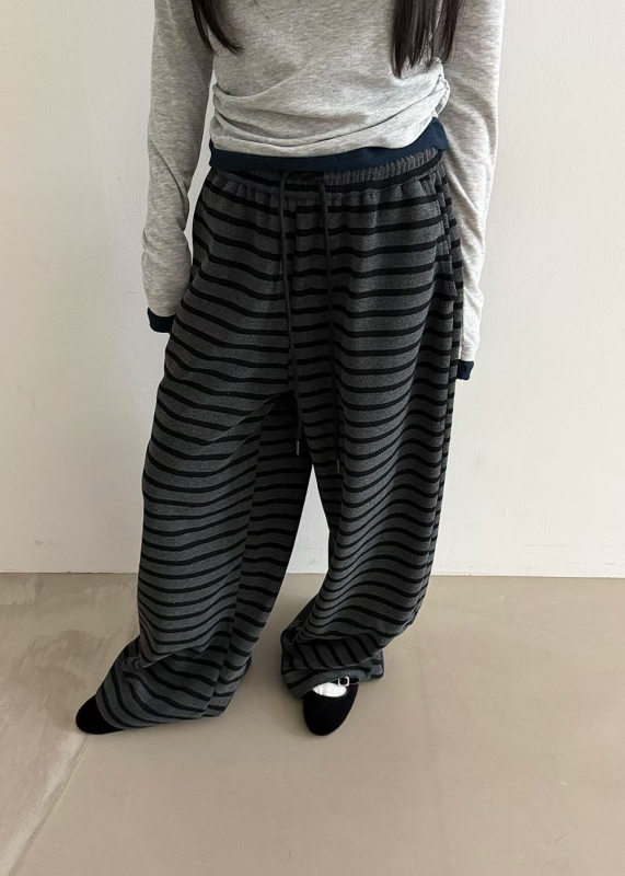 韓 細條文綁帶寬褲 2色