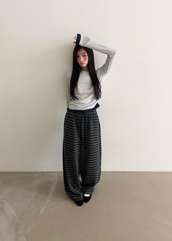 韓 細條文綁帶寬褲 2色