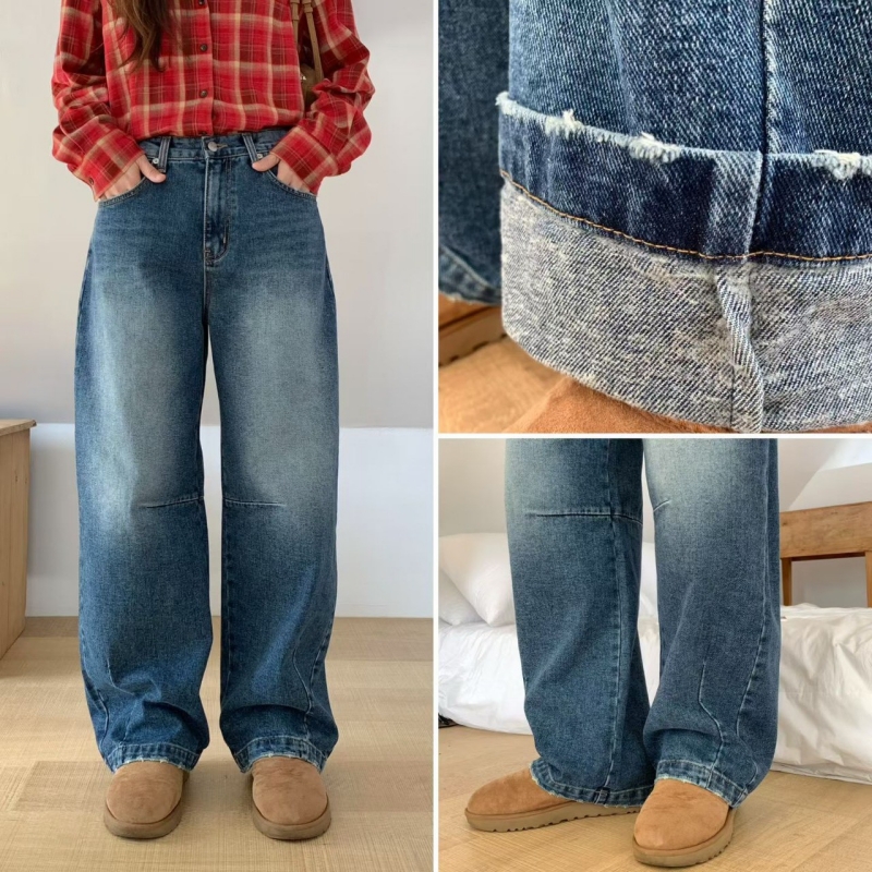 韓 車線刷白牛仔褲