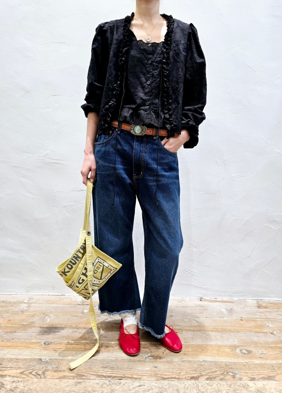 韓 側車線下鬚鬚牛仔褲