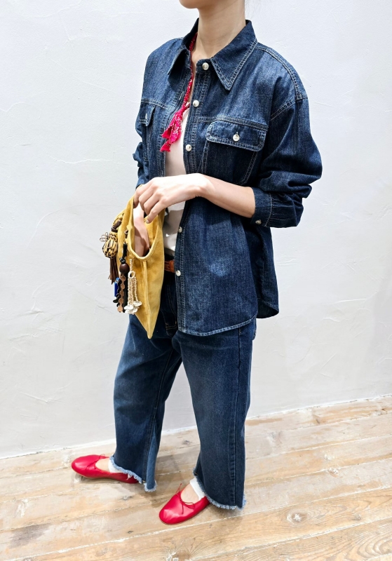 韓 側車線下鬚鬚牛仔褲