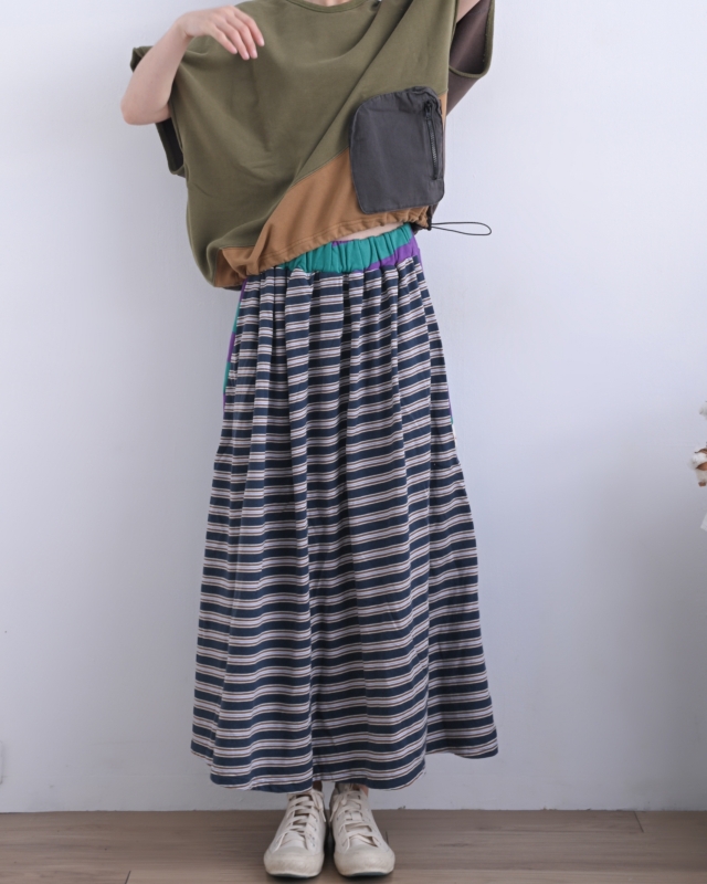 韓 配色粗細條長裙 3色 size