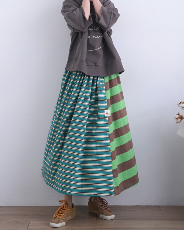 韓 配色粗細條長裙 3色 size