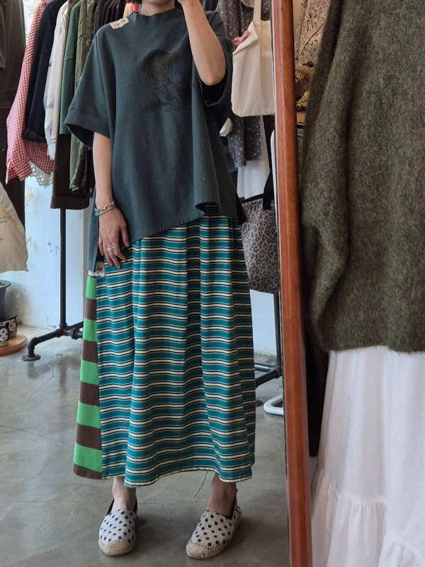 韓 配色粗細條長裙 3色 size