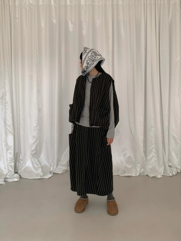 韓 直條文側口袋長裙 2色 size