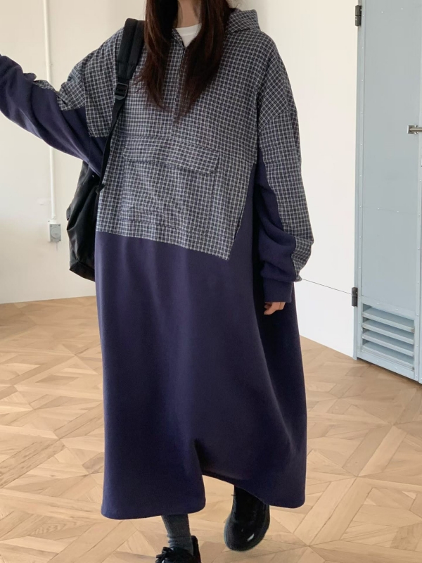 韓 拚格文連帽長洋 2色