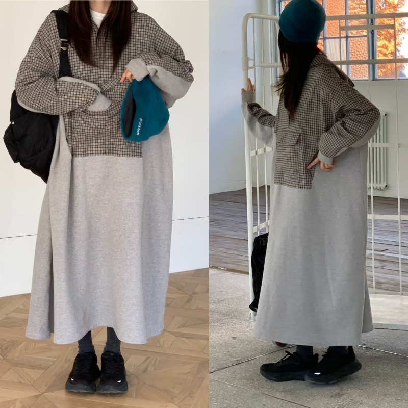 韓 拚格文連帽長洋 2色