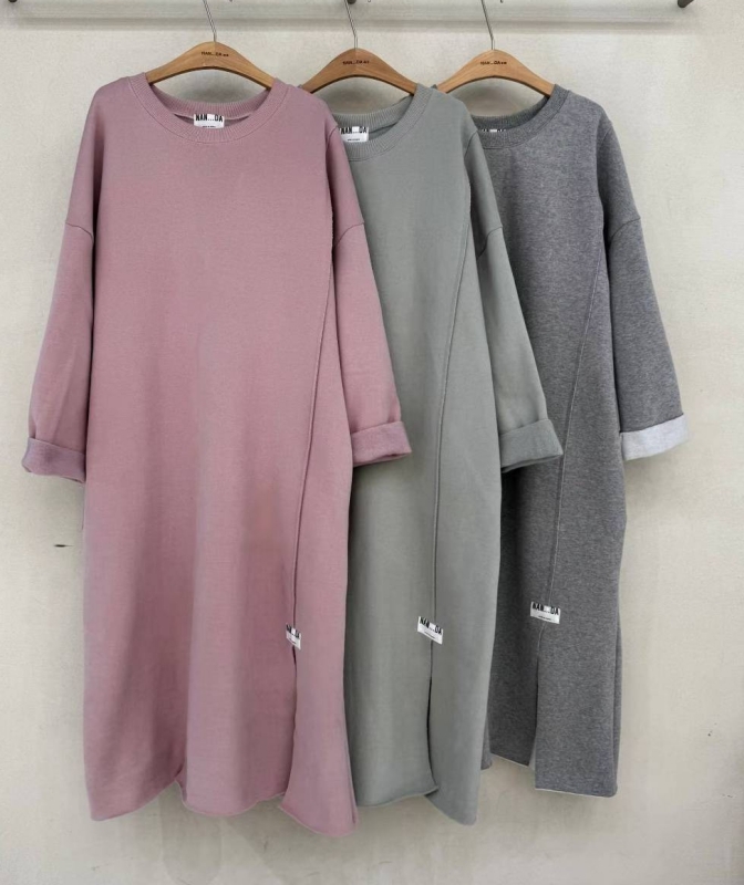 韓 素色圓領棉質長洋 3色
