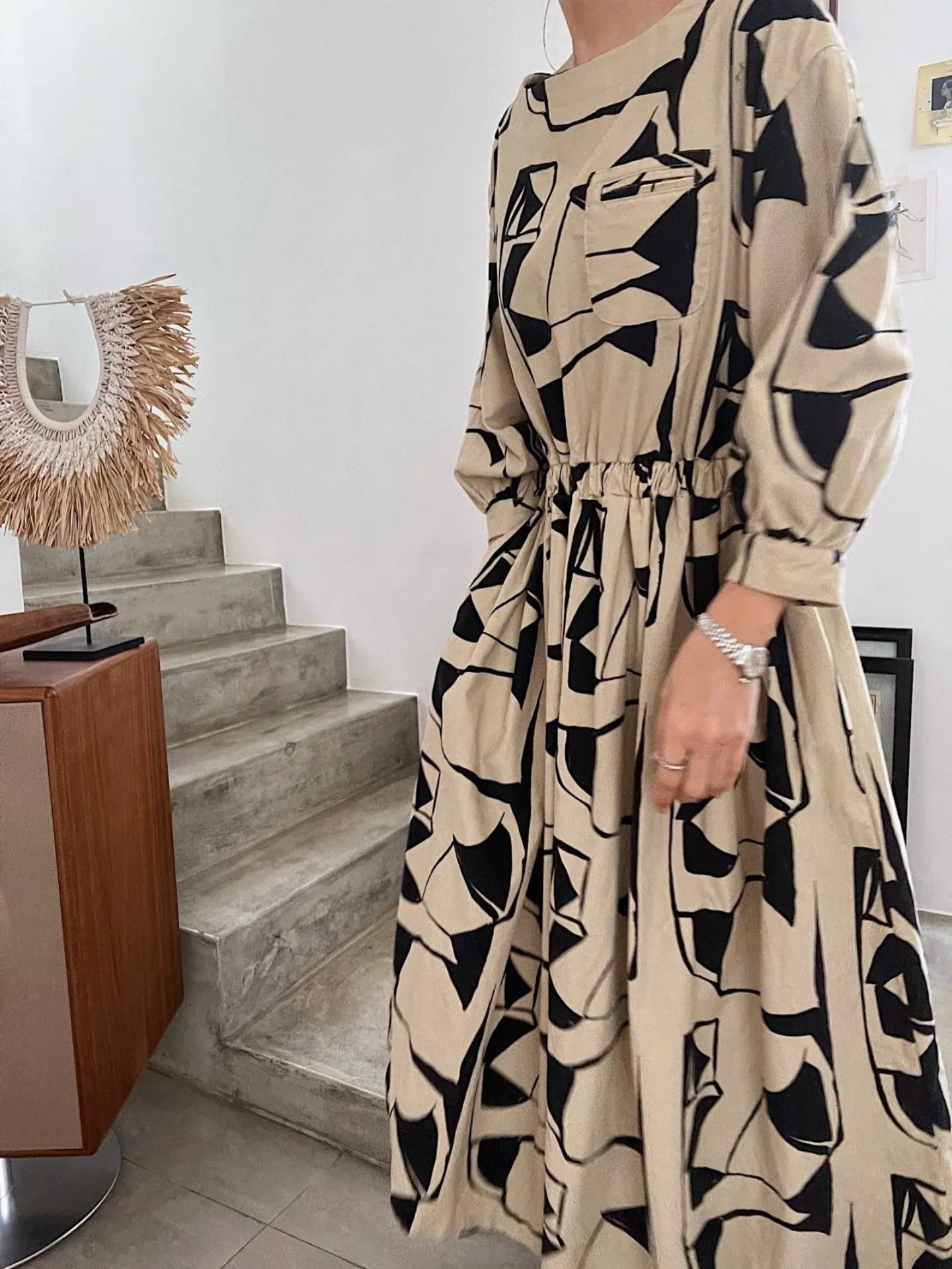 韓 不規則線條色塊長洋 2色