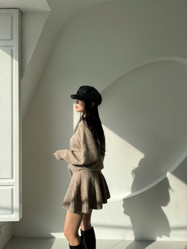 韓 微毛料上衣+裙套裝 3色