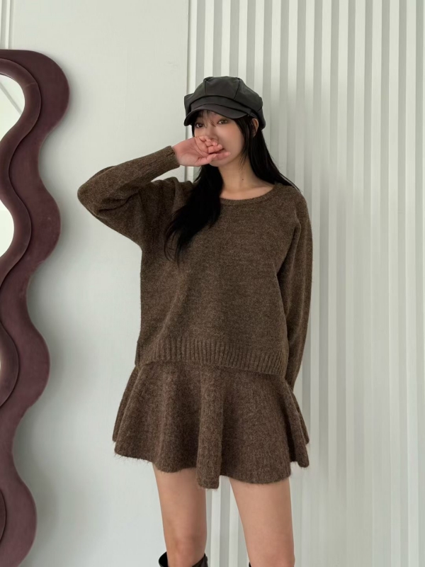 韓 微毛料上衣+裙套裝 3色