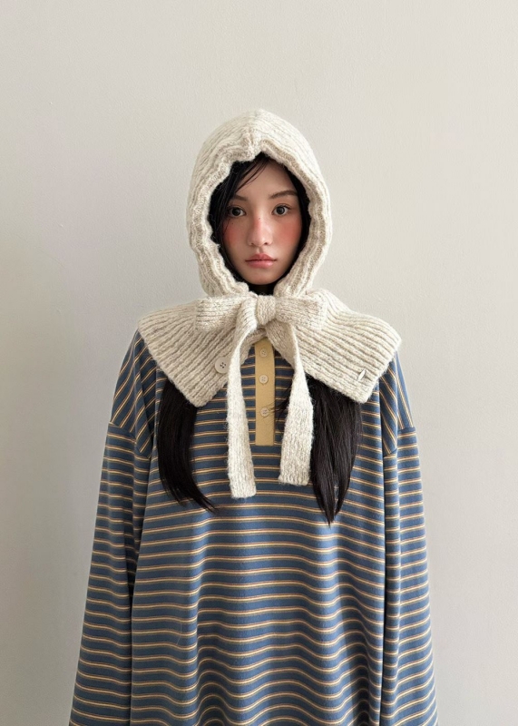 韓 兩釦綁帶可愛帽脖圍 2色