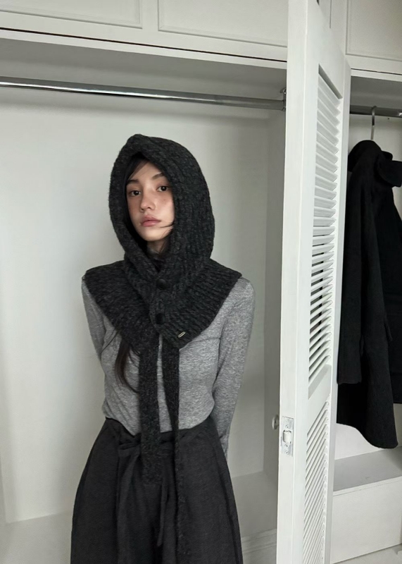 韓 兩釦綁帶可愛帽脖圍 2色