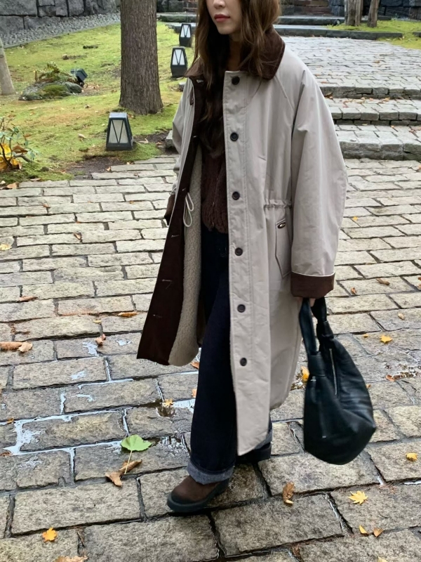 韓 配色領長版外套 3色