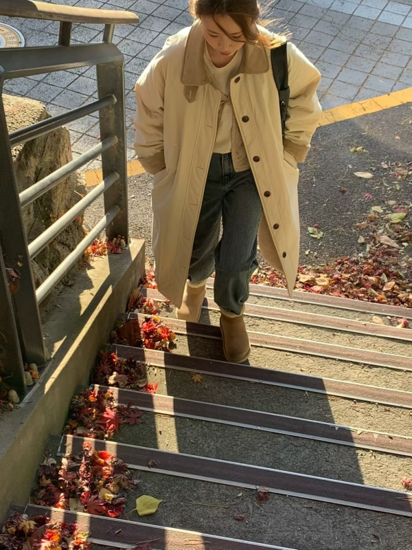 韓 配色領長版外套 3色