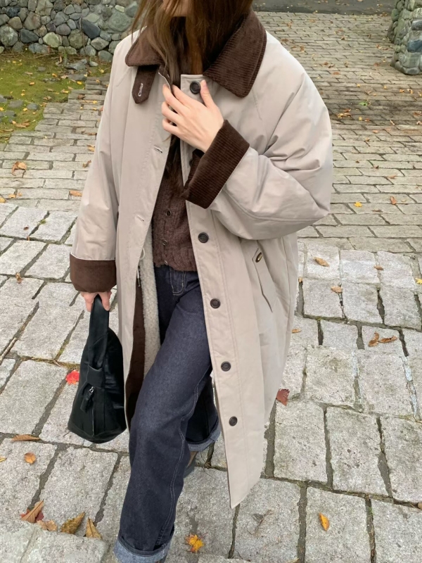 韓 配色領長版外套 3色