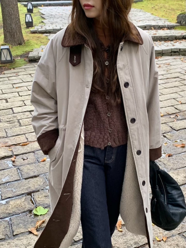 韓 配色領長版外套 3色