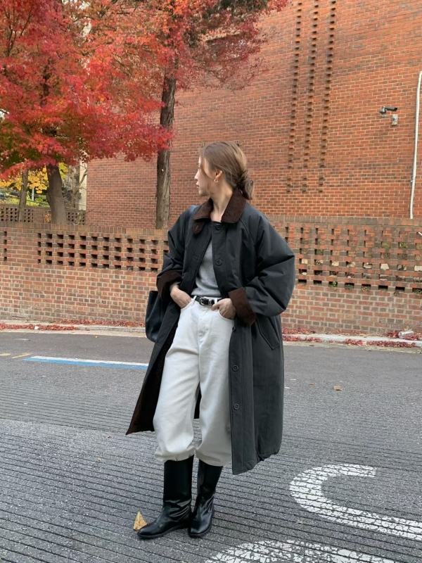 韓 配色領長版外套 3色