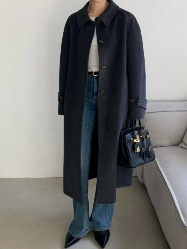 韓 素色手工長版外套 2色