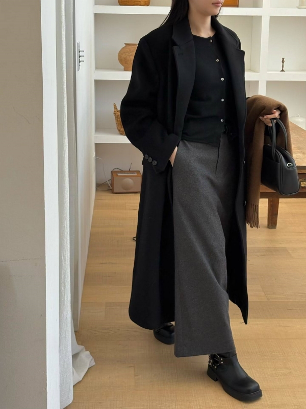 韓 素色手工長版外套 2色