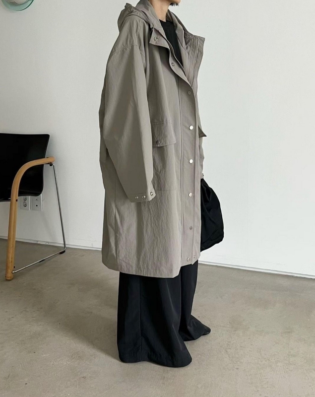 韓 素色連帽長版外套 4色