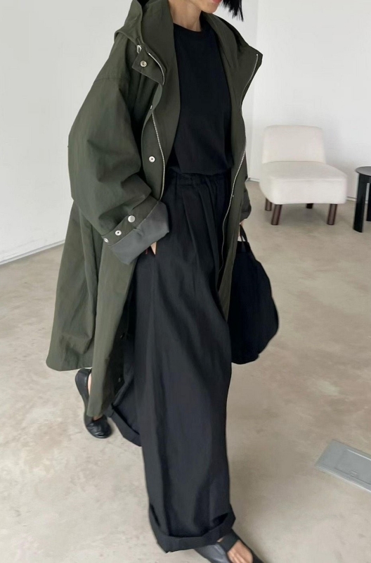 韓 素色連帽長版外套 4色