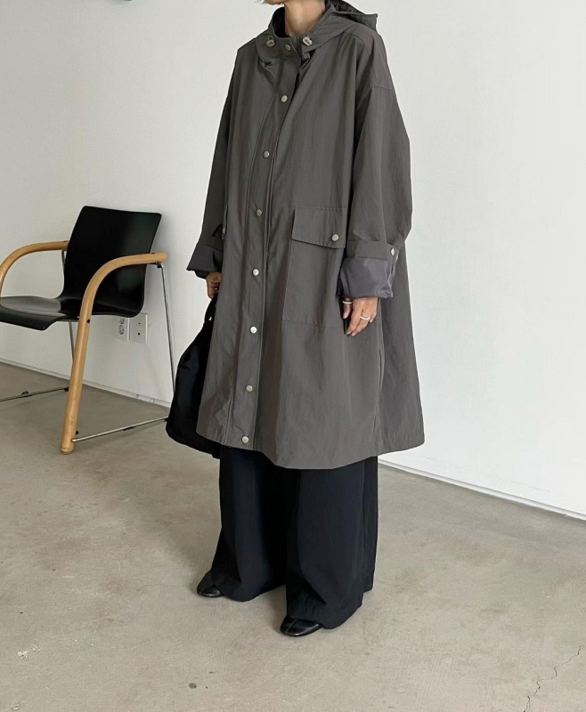 韓 素色連帽長版外套 4色