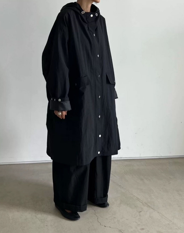 韓 素色連帽長版外套 4色