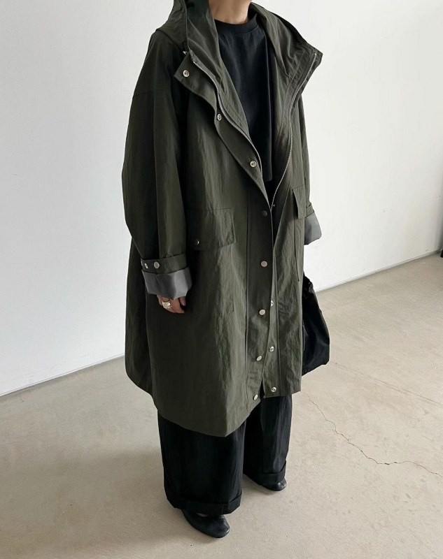 韓 素色連帽長版外套 4色