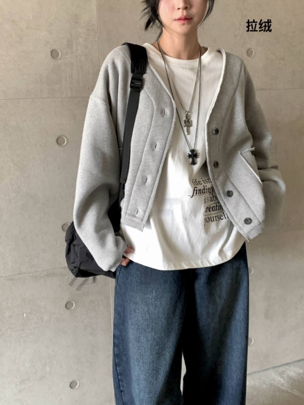 韓 四扣棉質短版外套 2色
