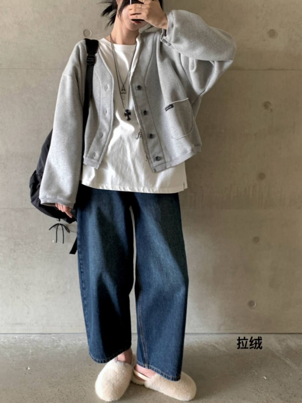 韓 四扣棉質短版外套 2色