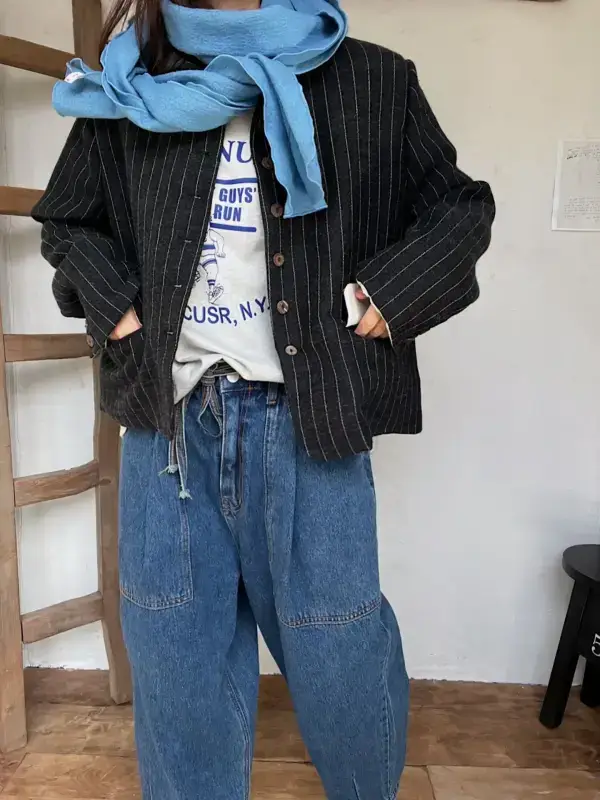 韓 直條短版有領外套 2色