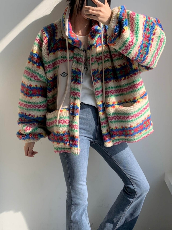 韓 小短毛印花圖騰外套