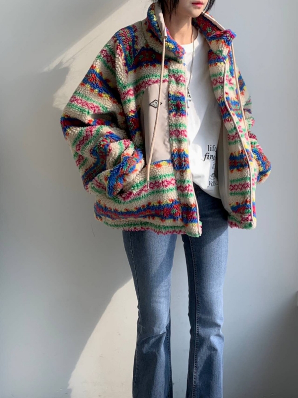 韓 小短毛印花圖騰外套