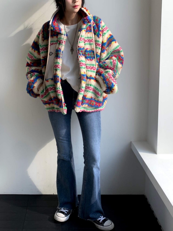 韓 小短毛印花圖騰外套