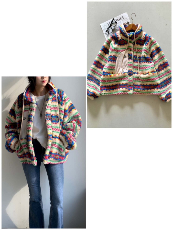 韓 小短毛印花圖騰外套