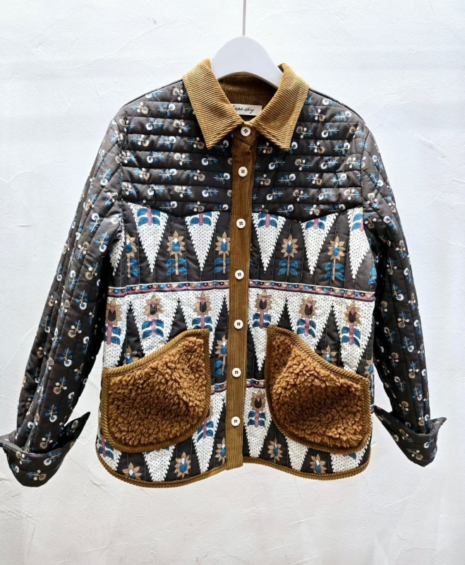 韓 小花毛毛口袋襯衫外套