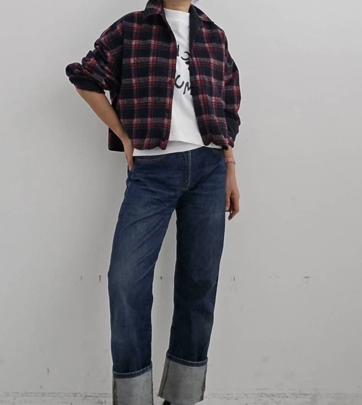 韓 後貼布格文襯衫外套 size